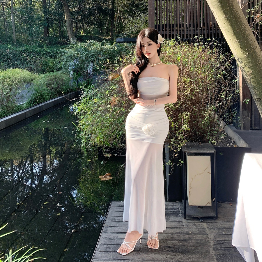 海边度假风纯欲性感透视网纱花朵抹胸连衣裙女设计感修身气质长裙