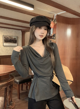 灰色慵懒风褶皱露肩一字领宽松纯色长袖T恤新款韩版秋日女装上衣