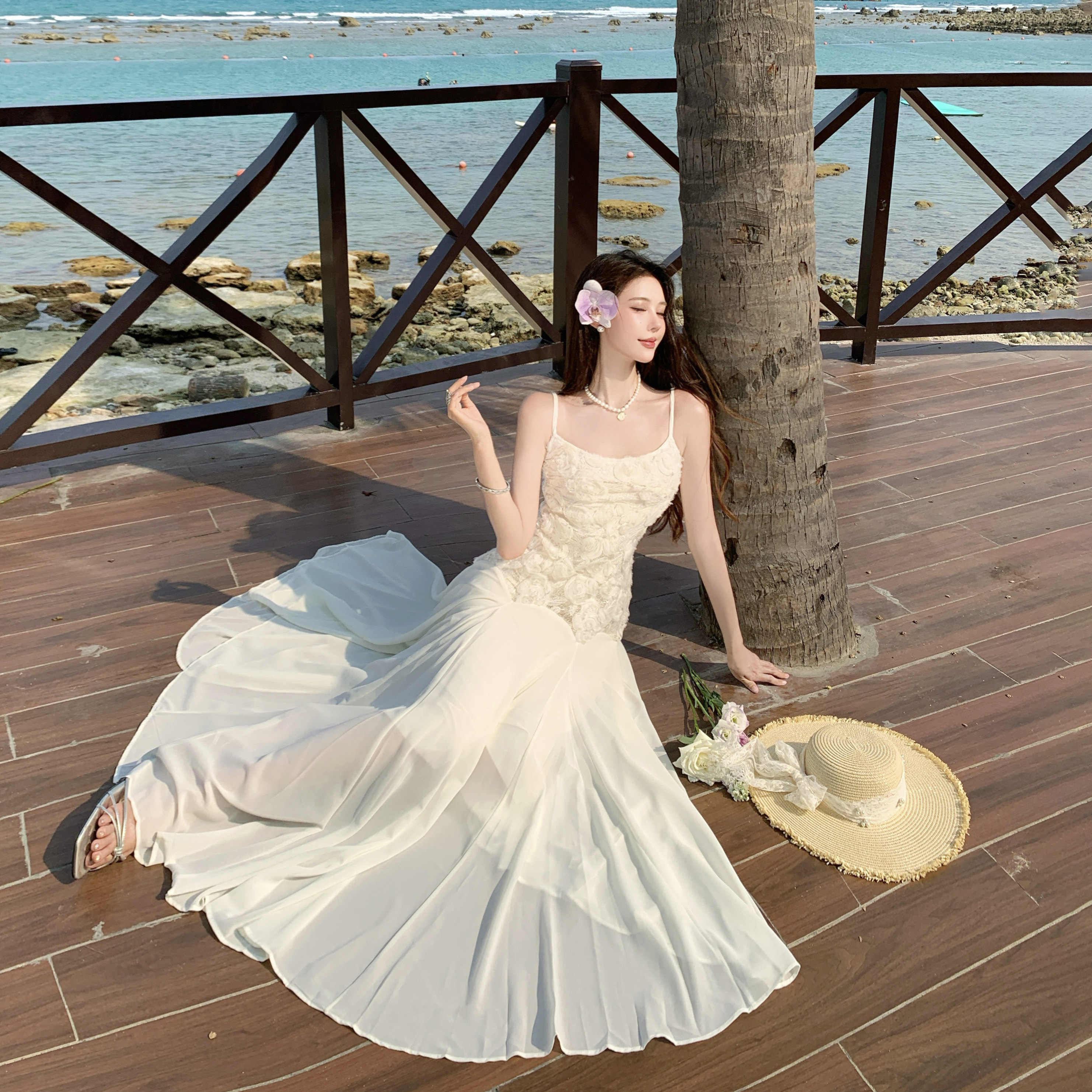 法式重工立体花朵设计感刺绣玫瑰吊带裙轻奢气质收腰礼服鱼尾裙女