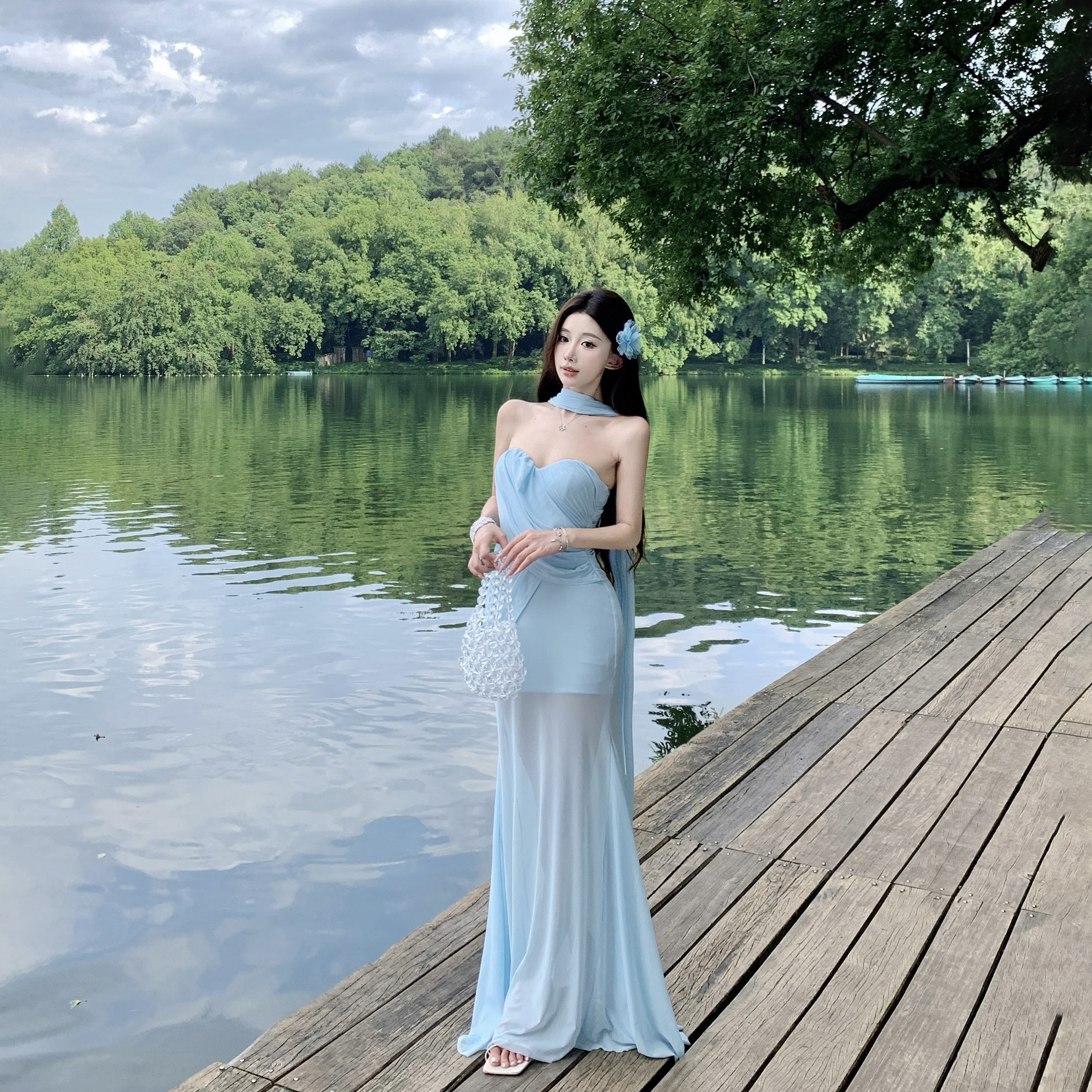 海边度假风蓝色网纱飘带收腰修身褶皱设计不对称鱼尾长裙连衣裙夏图片