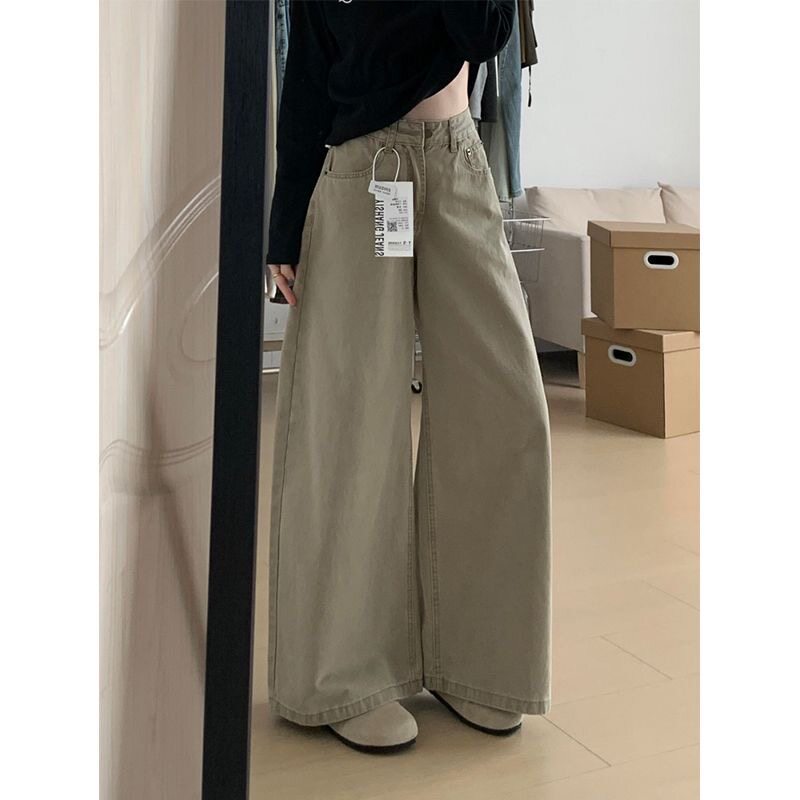 小个子美式复古水洗卡其色阔腿牛仔裤女高腰宽松直筒拖地长裤