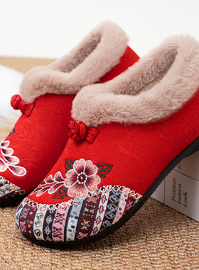 老北京棉鞋女2025新款加绒保暖红色奶奶鞋一脚蹬不累脚妈妈绣花鞋