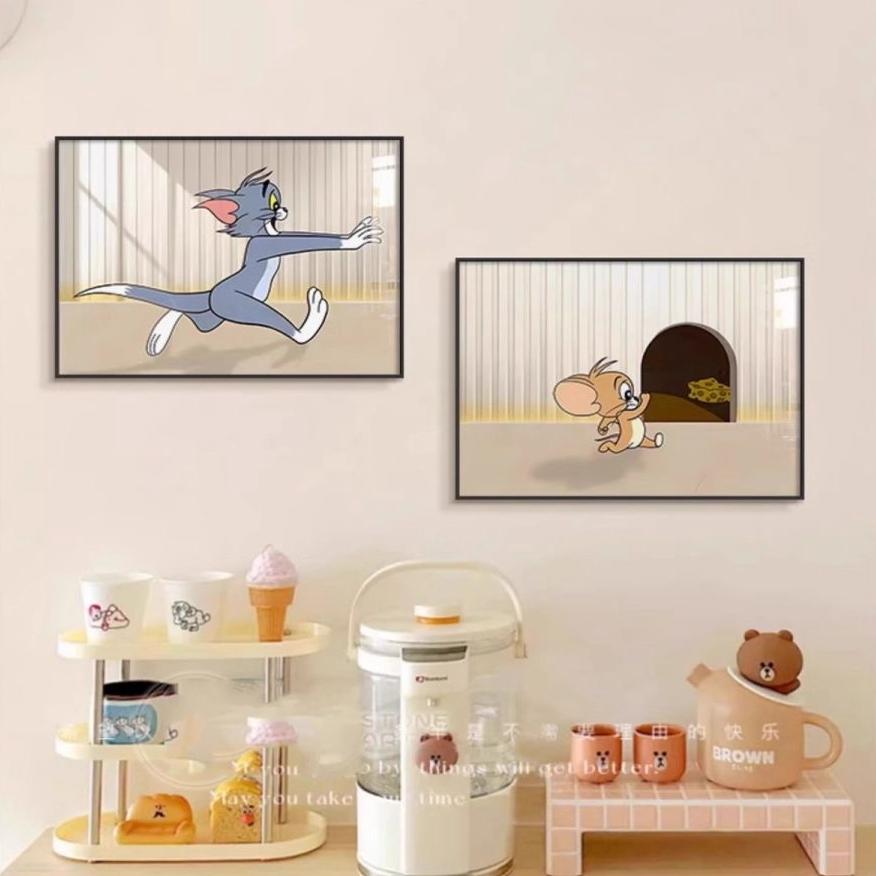 治愈系奶油风装饰画遮挡卡通侘寂动漫简约猫和老鼠新款餐厅画