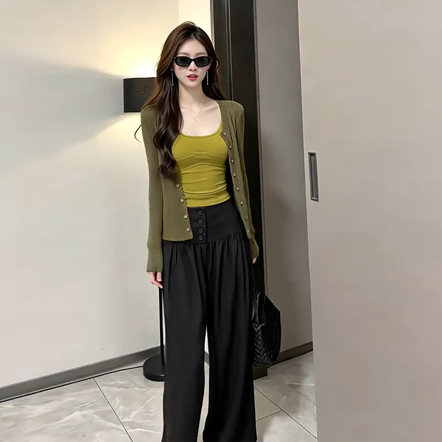 韩系一整套ootd穿搭针织开衫吊带阔腿裤三件套女2026新款秋季套装
