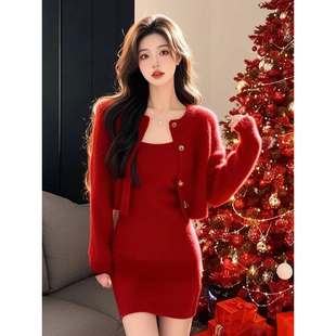 韩系气质名媛温柔淑女港式小香风高级感针织毛衣两件套套装连衣裙