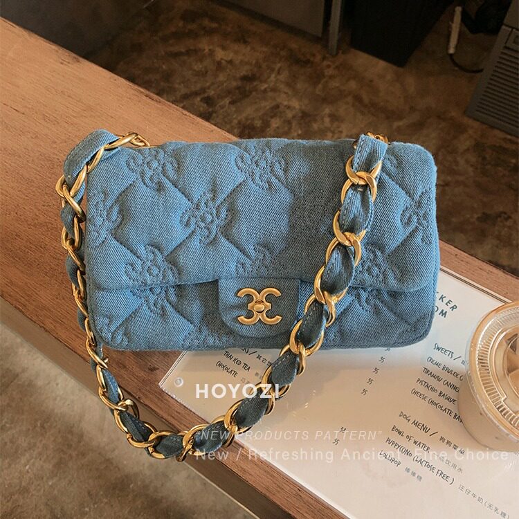 牛仔布绣花包女2025新款软塌小香风链条锁扣小方包时尚单肩腋下包