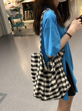 敞口版包格子容量da女单肩77方形布包新帆布韩黑色乌风学生学院帆