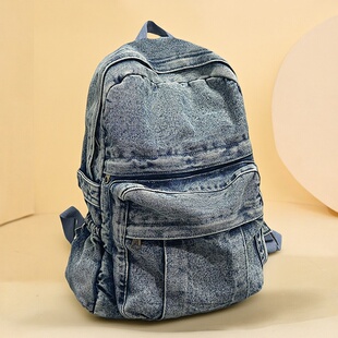 红鹮鸟牛仔布包女结实耐用超轻大容量双肩包小学初中生百搭书包