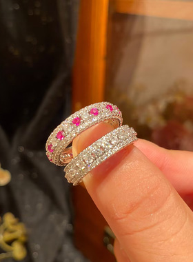 玫红色圈圈微镶锆石戒指女