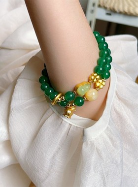 新中式天然石绿玛瑙手串古法金葫芦招财手链铃兰花卉叠戴手饰品