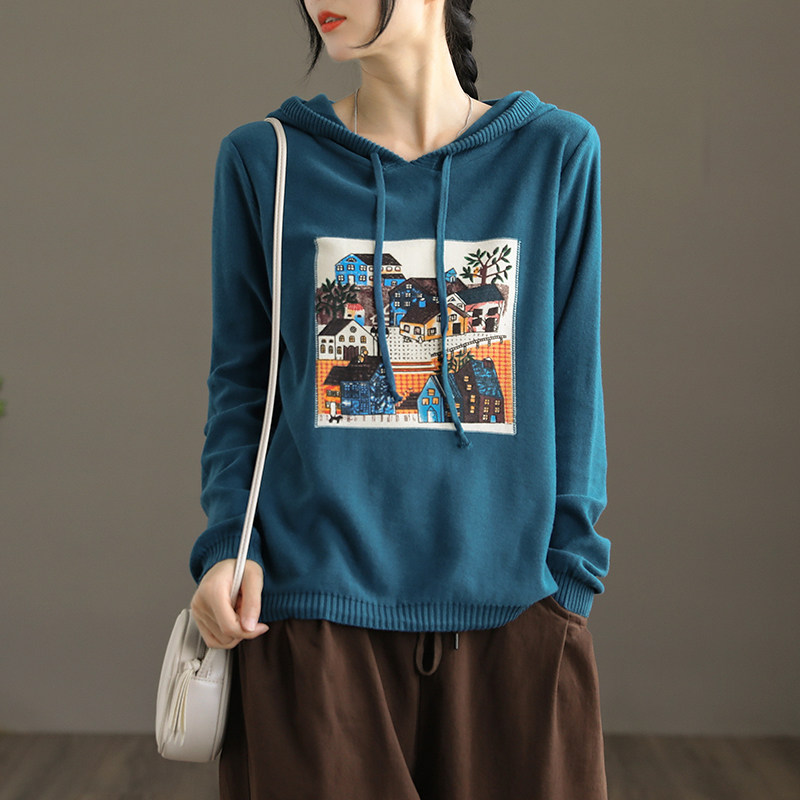 dza连帽针织衫女士宽松t恤2021新款秋季上衣休闲毛衣外套短款帽衫