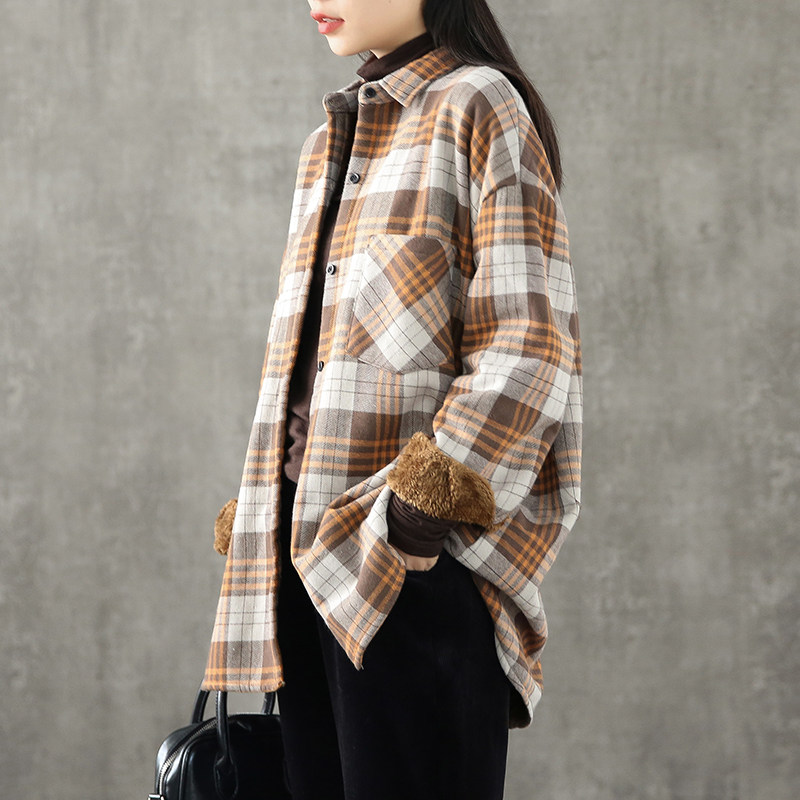 秋冬装文艺范加绒加厚格子衬衫女宽松复古港味保暖打底衫长袖上衣