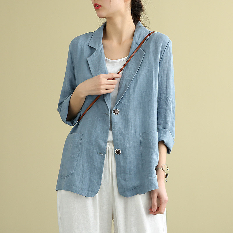 DZA宽松棉麻上衣女士亚麻小西装薄外套2020秋季新款休闲短款西服
