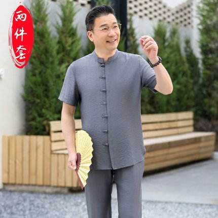 中老年唐装男士爸爸夏装套装汉服中国风短袖爷爷夏季衣服冰丝棉麻