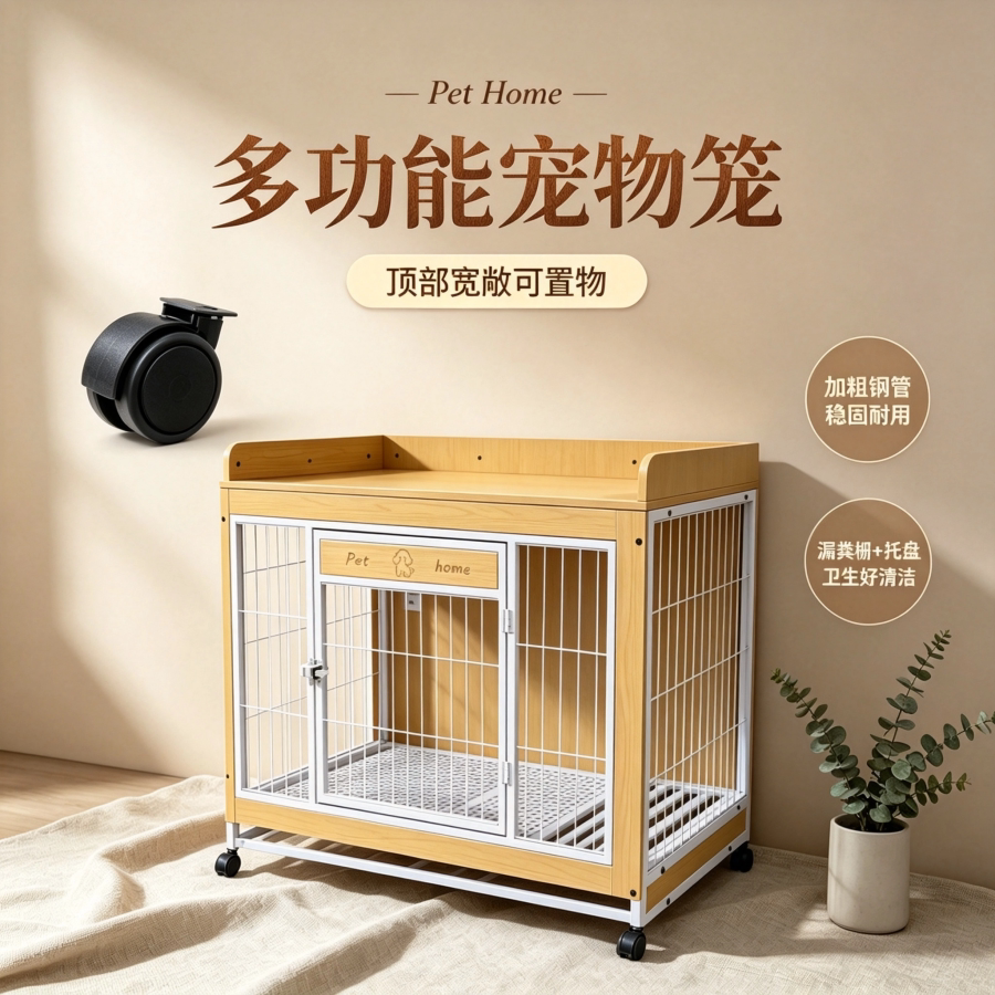家用狗笼室内宠物笼顶部置物加粗钢管抽拉托盘静音万向轮多色可选