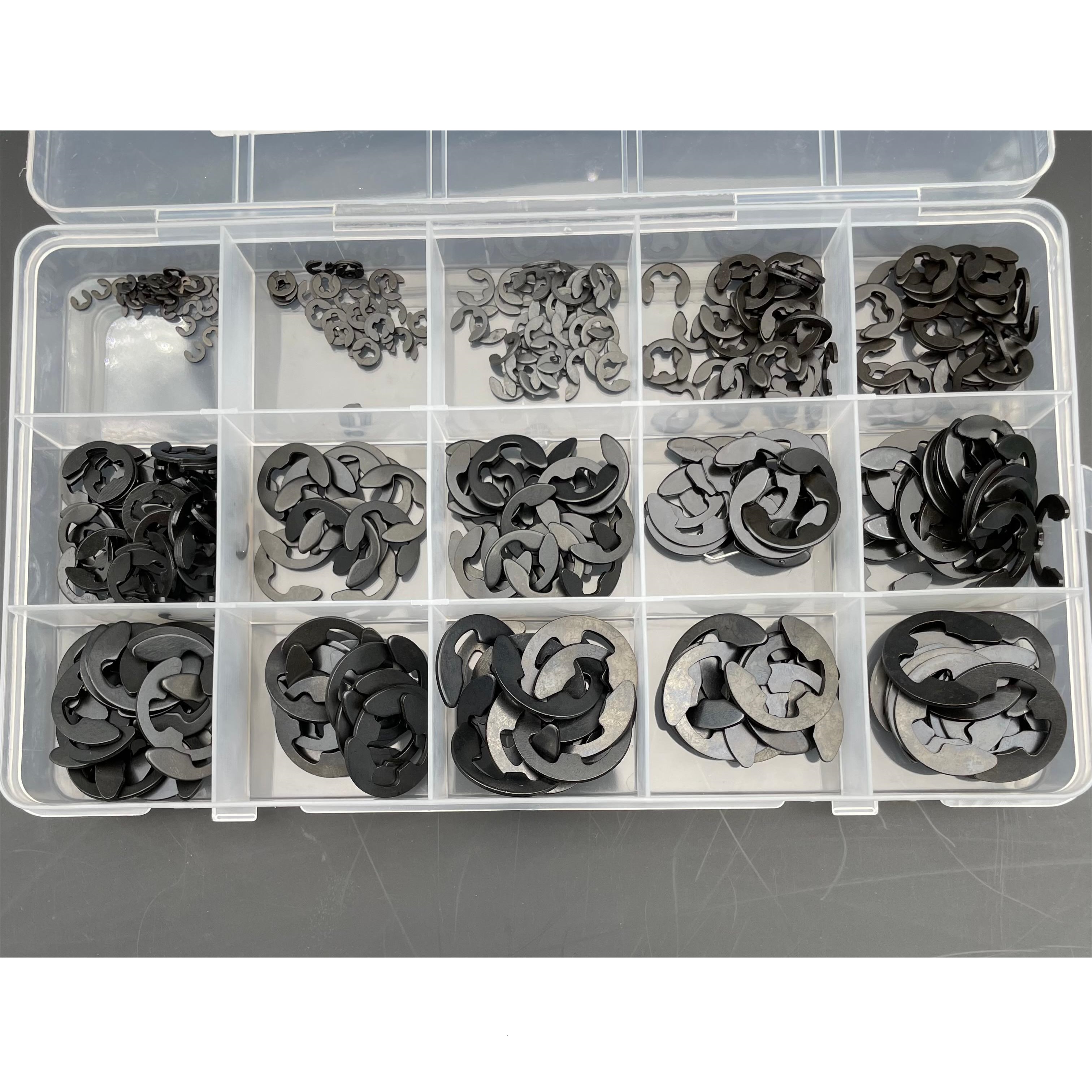 400PCS E扣卡簧垫圈黑色锰钢开口E型轴扣挡圈M1.5-M10 10种规格盒