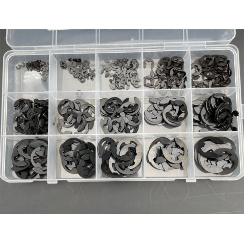 400PCS E扣卡簧垫圈黑色锰钢开口E型轴扣挡圈M1.5-M10 10种规格盒