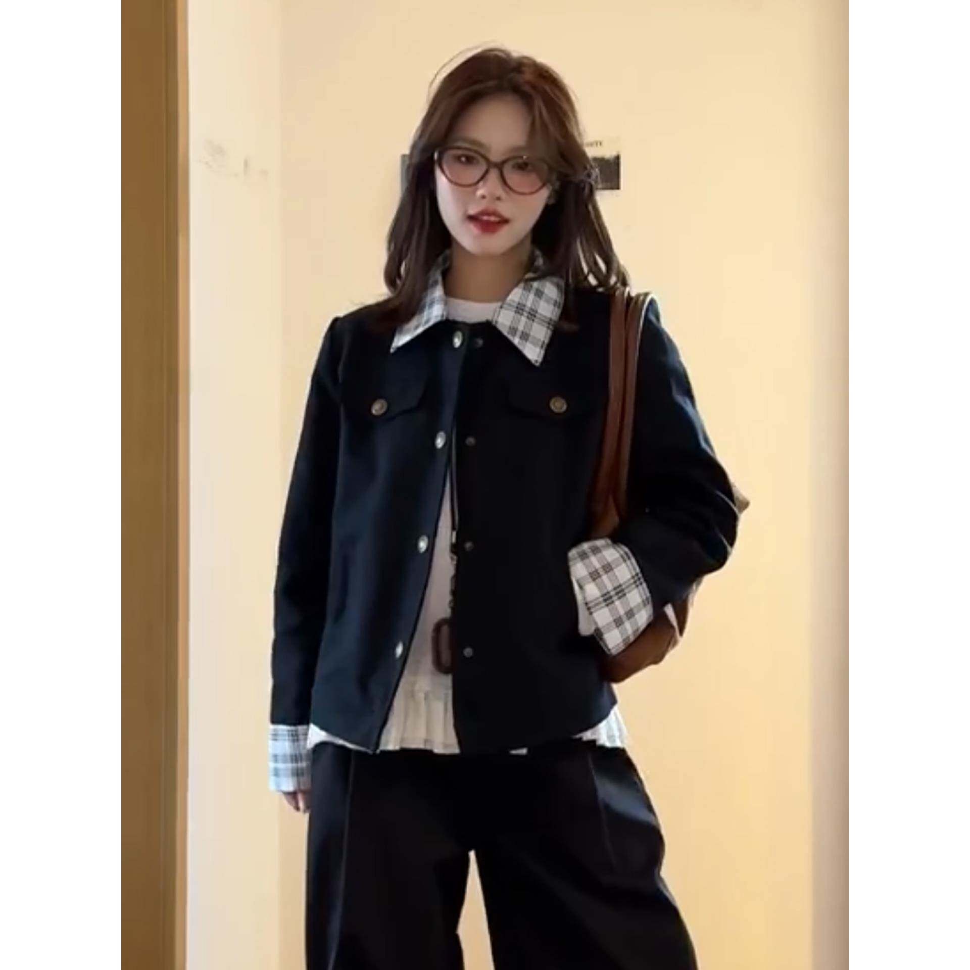 复古格纹拼接外套女秋季2025新款设计感休闲短款小个子夹克上衣潮