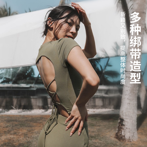 欧美跨境时尚绑带美背瑜伽服短袖女带胸垫运动紧健身上衣Tt恤显瘦