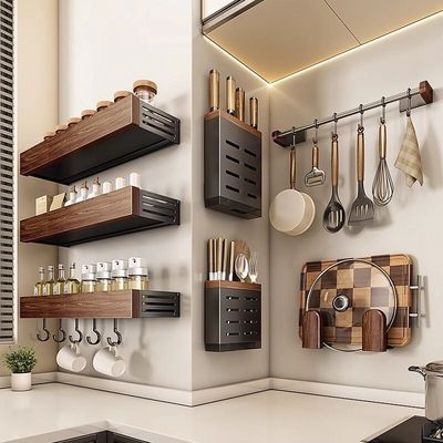 优勤中古风厨房置物架胡桃木调料架壁挂式多功能调味料品罐收纳架