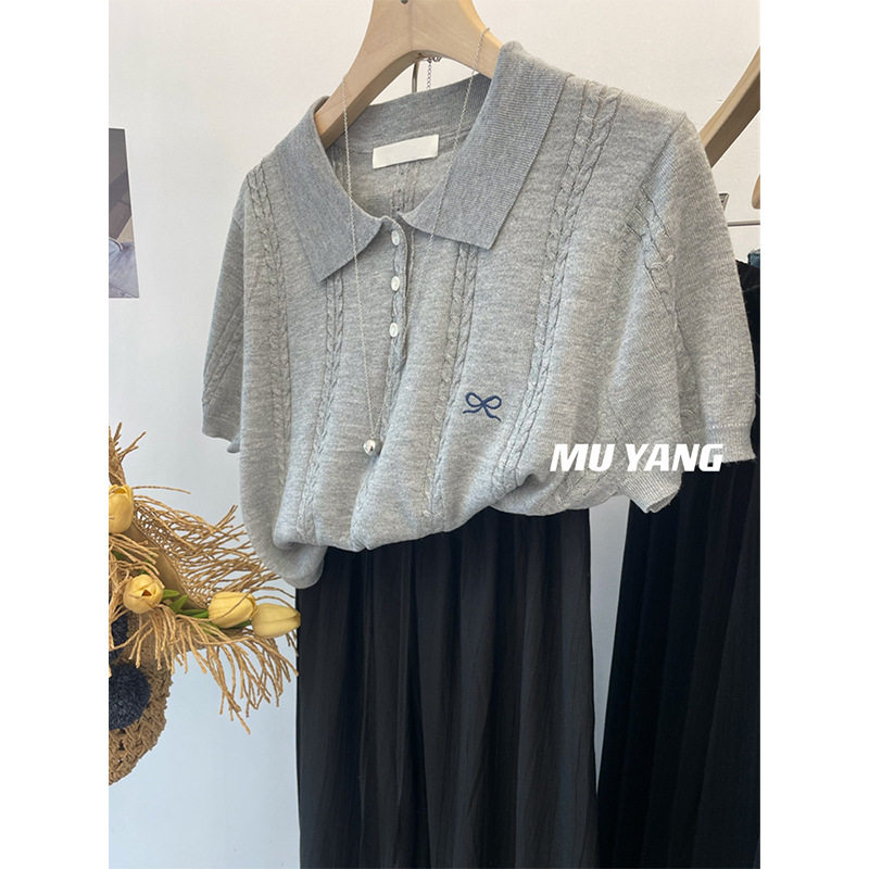 法式冰丝翻领针织衫麻花纹刺绣短袖设计感韩系薄宽松百搭套头上衣