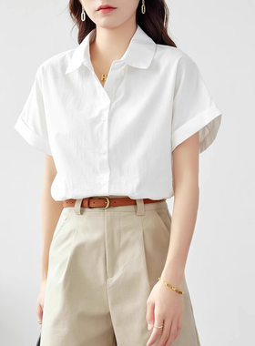 纯棉女士短袖白衬衫女2025新款白色衬衣职业通勤女装夏季半袖上衣