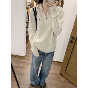 白色半拉炼中长款针织衫绞花纹毛衣慵懒高级感秋冬女2025新款上衣