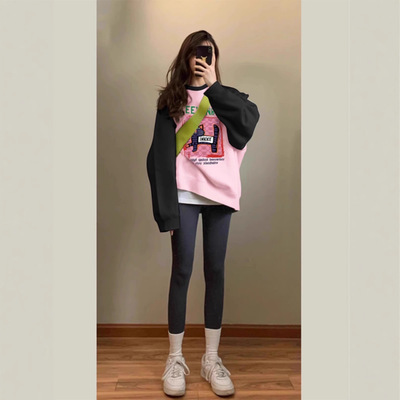 美式复古插肩袖卫衣女士2025秋季新款加绒加厚小个子印花套6417