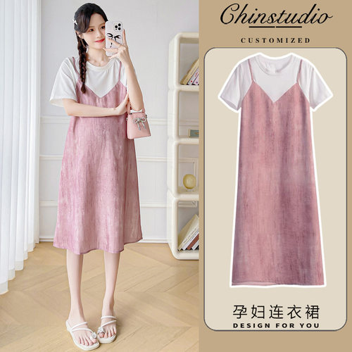 孕妇装实拍现货夏装新款气质款时尚假两件宽松显瘦孕妇连衣裙女