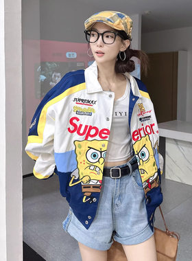 跨境美式机车棒球服外套春秋潮牌刺绣高街海绵宝宝飞行赛车服夹克