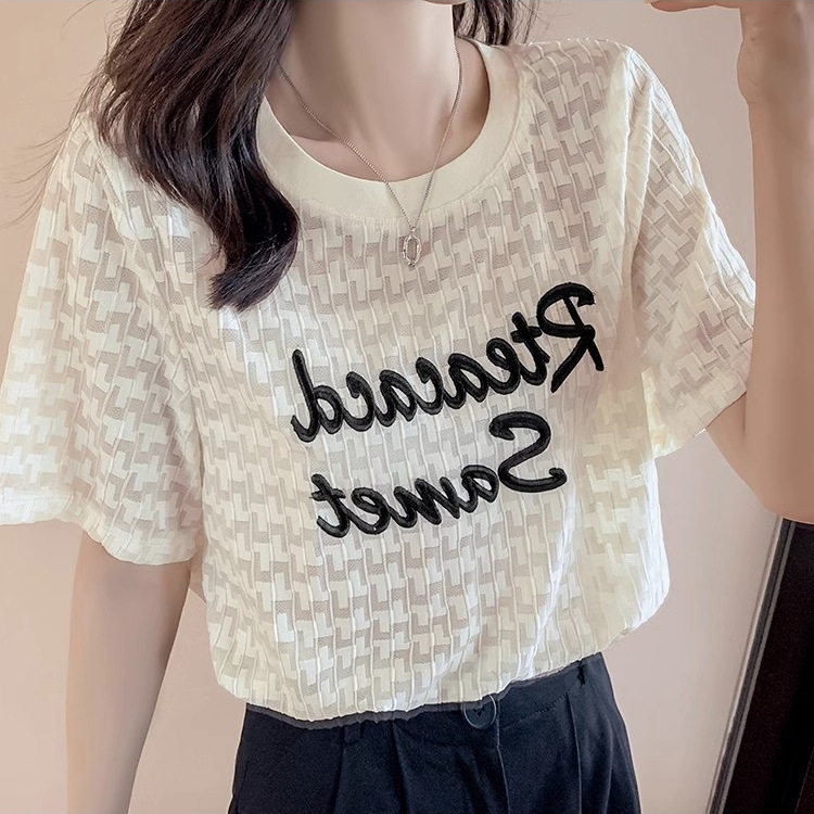 夏季薄款冰丝短袖t恤女装新款洋气宽松杏色雪纺上衣罩衫潮
