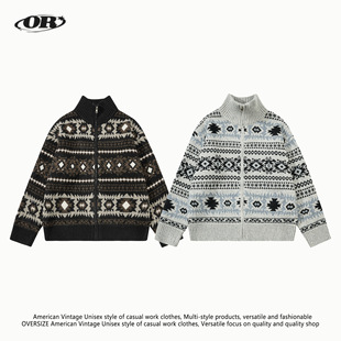 OREETA费尔岛撞色提花毛衣外套男女可穿宽松慵懒感学院风针织开衫