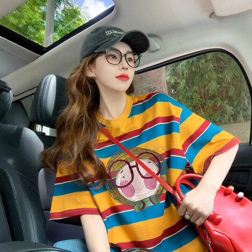 美式撞色条纹短袖t恤女2026新款夏季潮牌卡通学院风宽松显瘦上衣