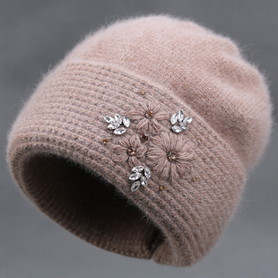 秋冬季兔羊毛帽子女高档加厚保暖毛线帽中老年人妈妈护耳针织棉帽