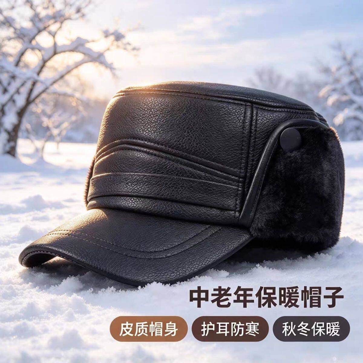中老年皮帽护耳帽子冬季加绒加厚平顶帽爸爸户外防风防寒保暖棉帽