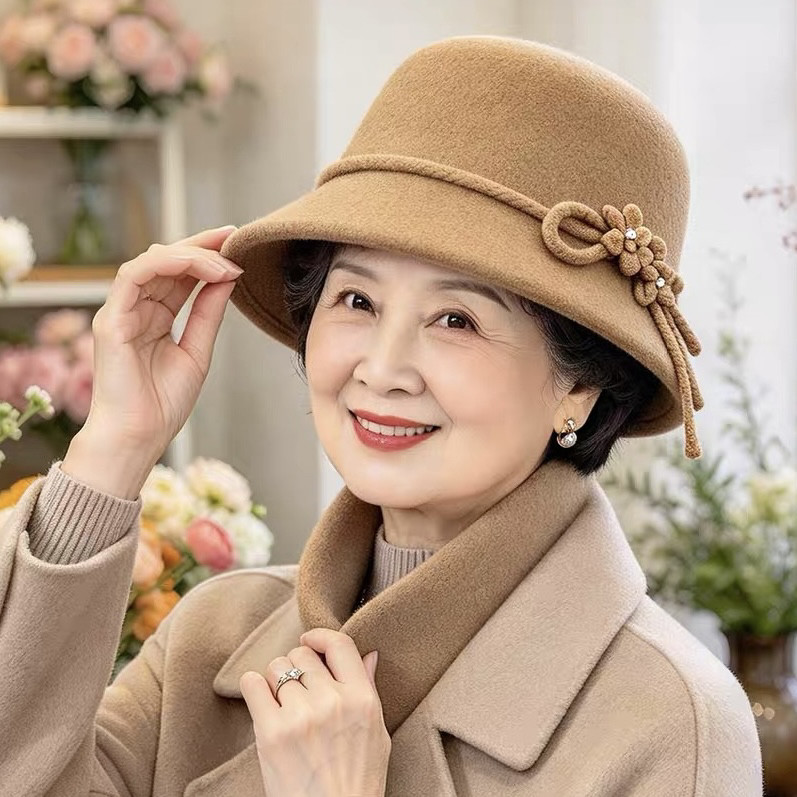 中老年人女士帽子冬季老人羊毛呢盆帽女秋冬天妈妈奶奶老太太礼帽