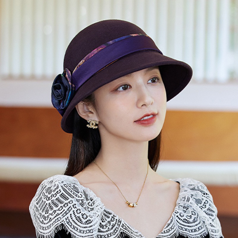 秋冬帽子女纯羊毛礼帽定型帽宽檐优雅花朵羊毛呢圆顶英伦复古时尚
