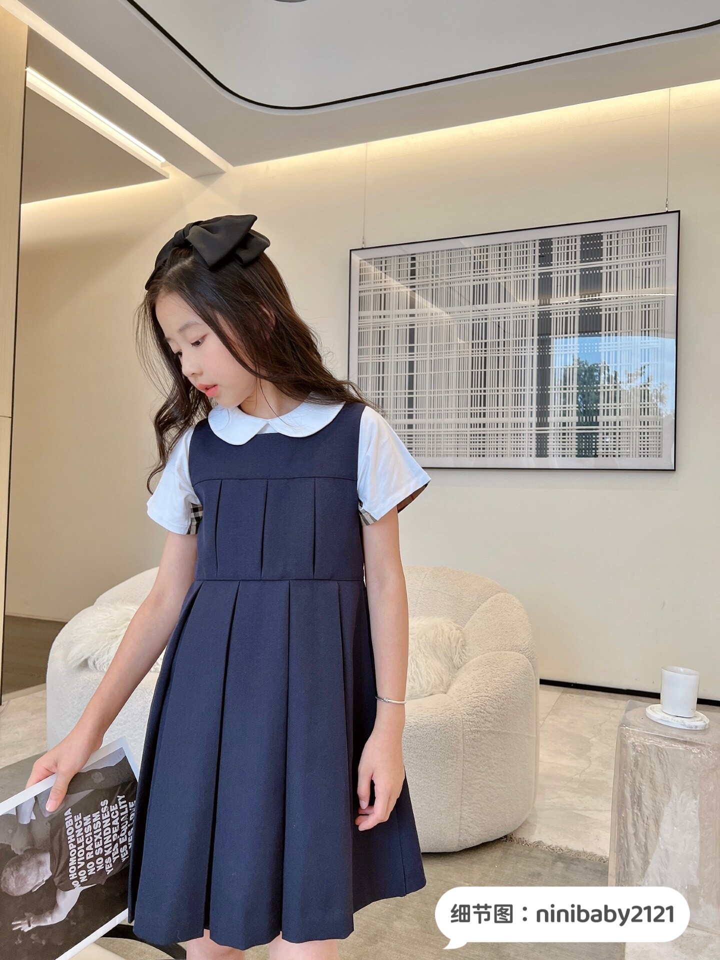 aw春秋新款 儿童女童气质学院风藏青色毛呢百褶裙摆背心裙