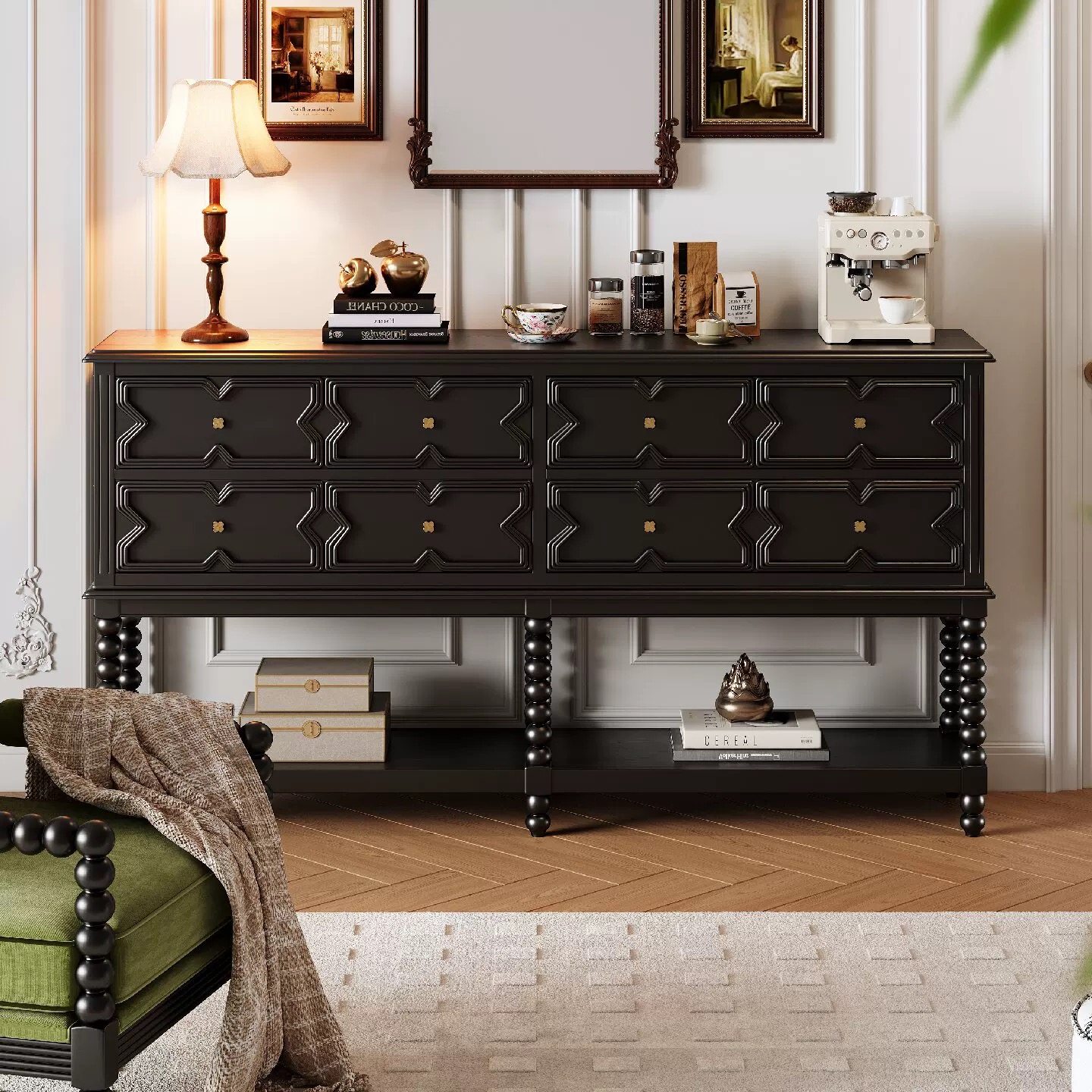 法式复古实木餐边柜客厅靠墙储物柜中古风玄关柜家用高级收纳边柜