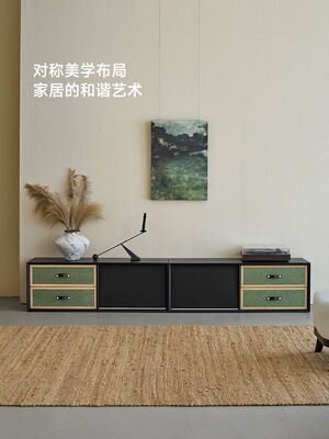 复古实木组合电视柜客厅靠墙储物柜中古风一体家用收纳柜储物地柜