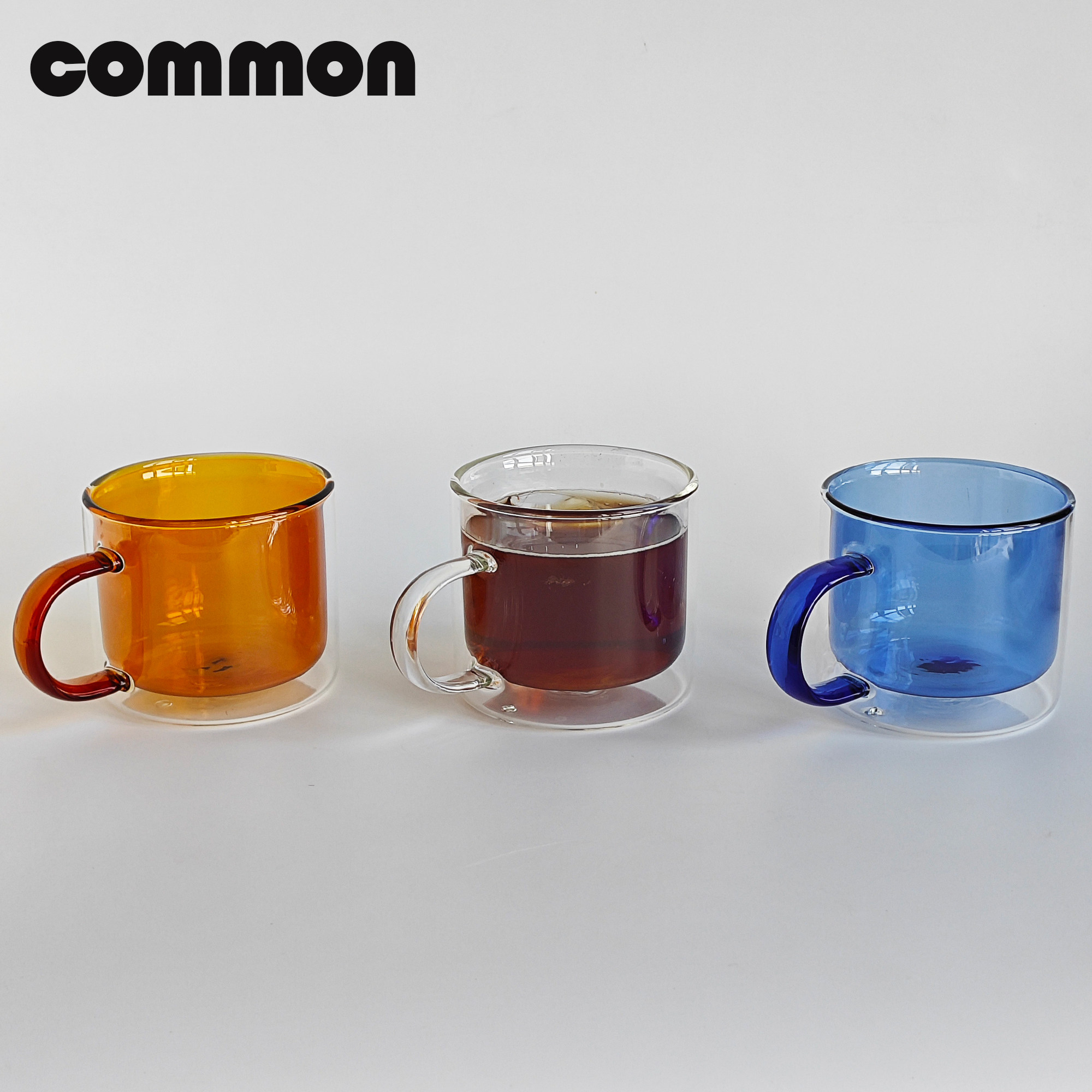 普普COMMON 彩色双层咖啡杯隔热把手玻璃杯茶杯牛奶杯果汁杯