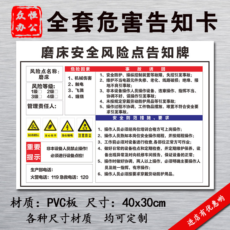 磨床安全风险点告知牌卡配电室当心触电安全标识牌安全警示牌全套危害
