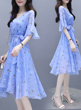 亚马逊短袖连衣裙女士夏季2023新款印花气质显瘦半袖欧美爆款