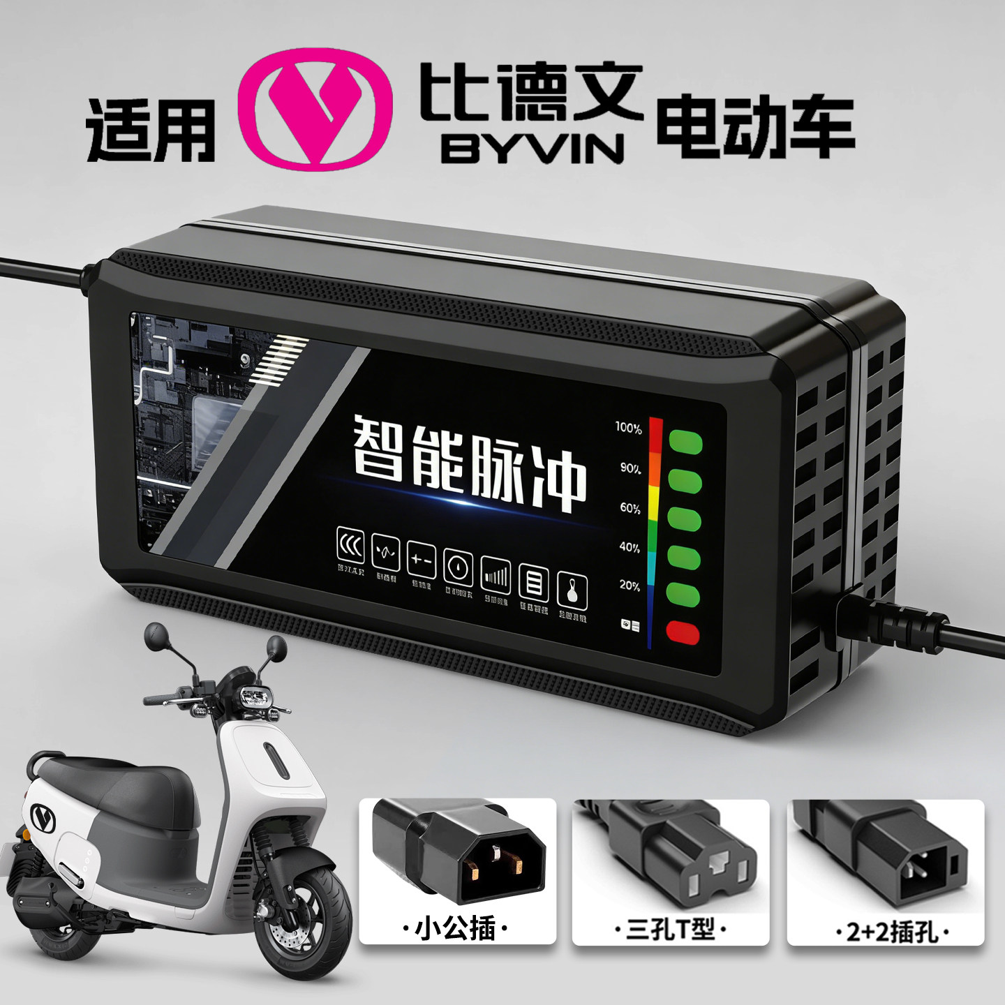 适用比德文电动车充电器电瓶48V12AH60V72V新国标插头石墨烯通用