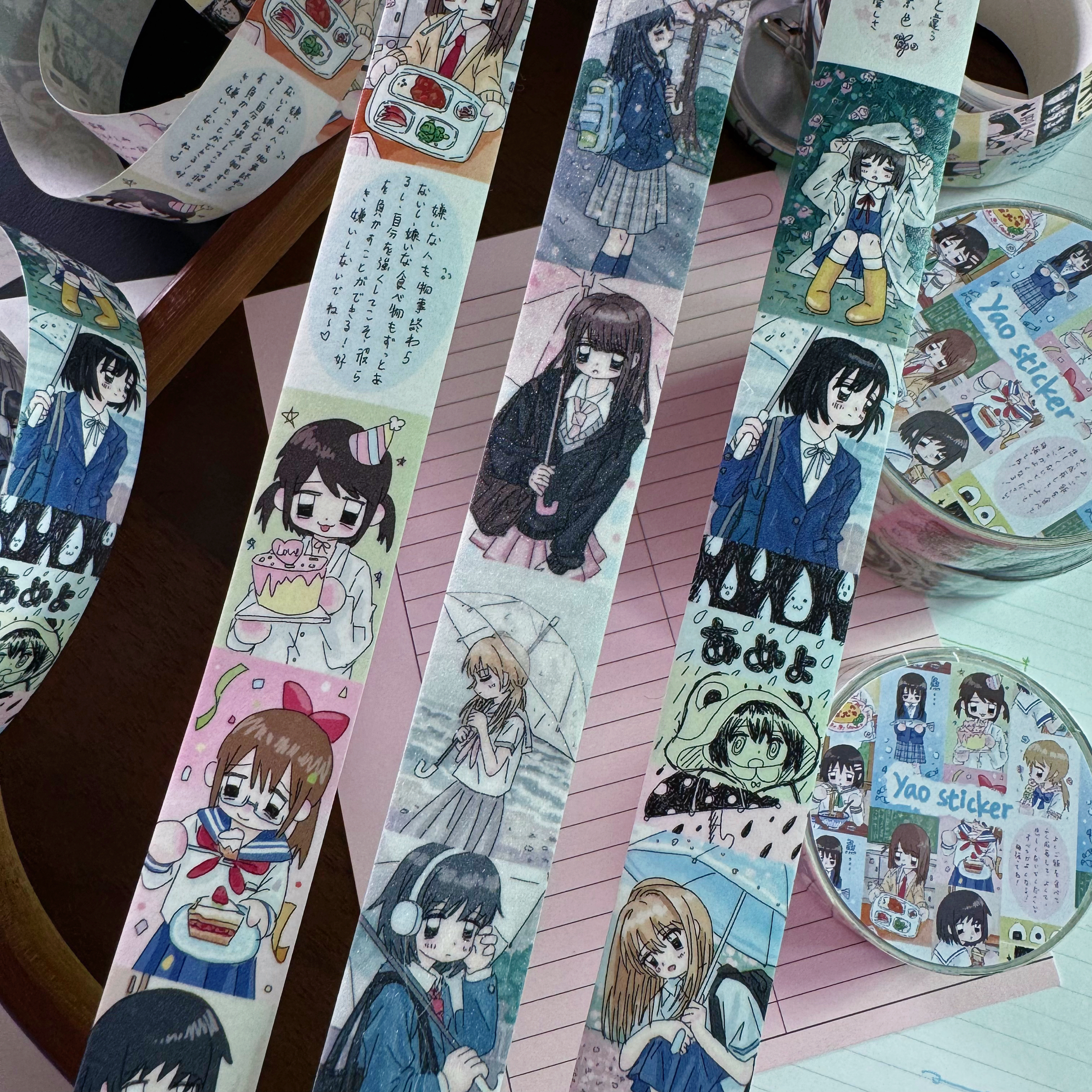 YAO原创人物美食JK可爱手帐贴纸卷分装 日系风下雨的季节女孩胶带
