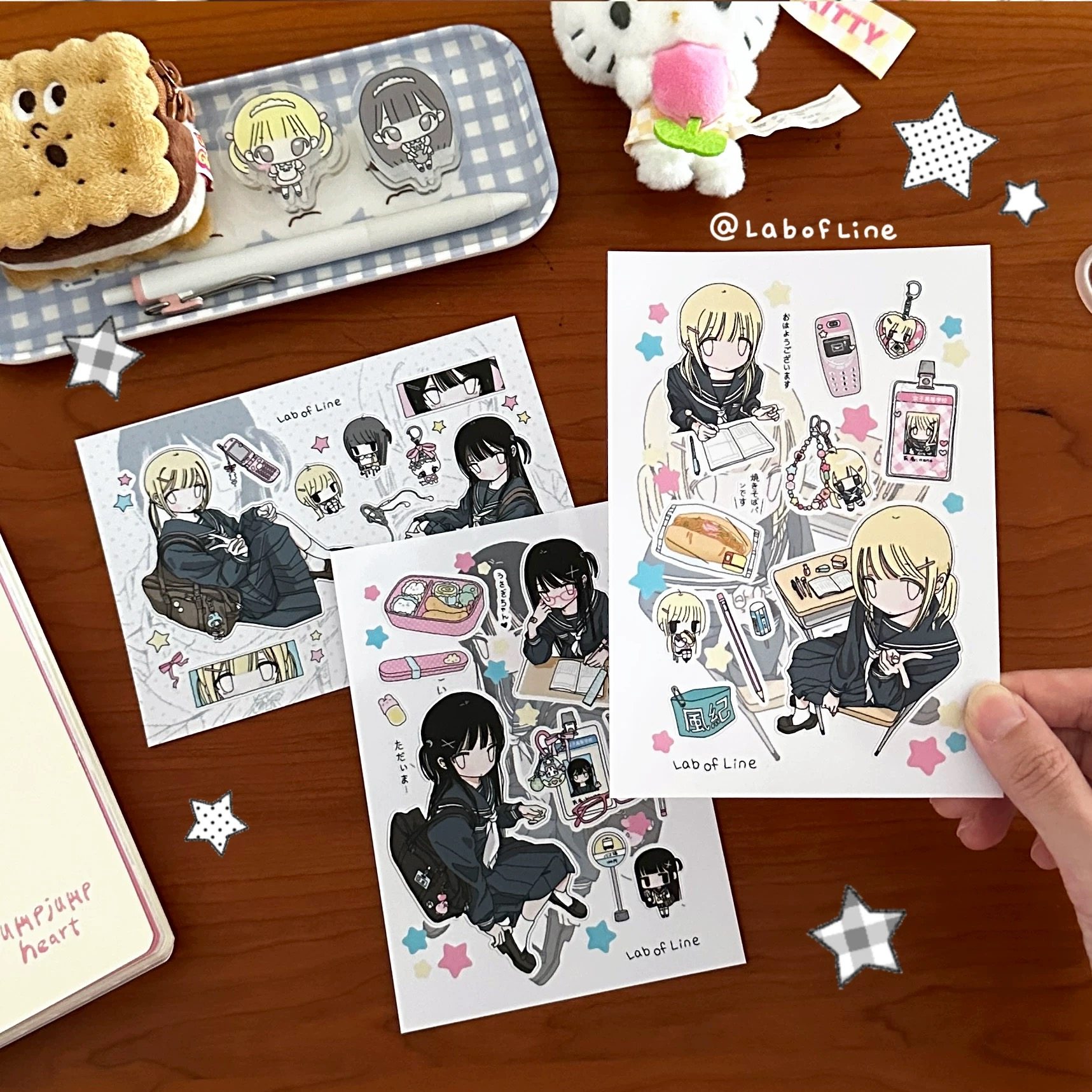 线条研究室原创jk制服人物二次元黑白漫画可爱装饰贴纸手账帐