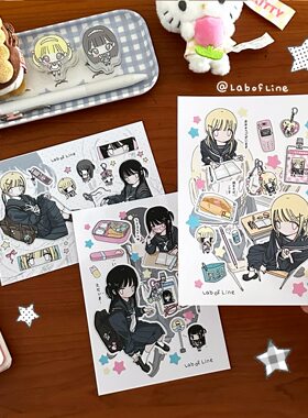 线条研究室原创jk制服人物二次元黑白漫画可爱装饰贴纸手账帐