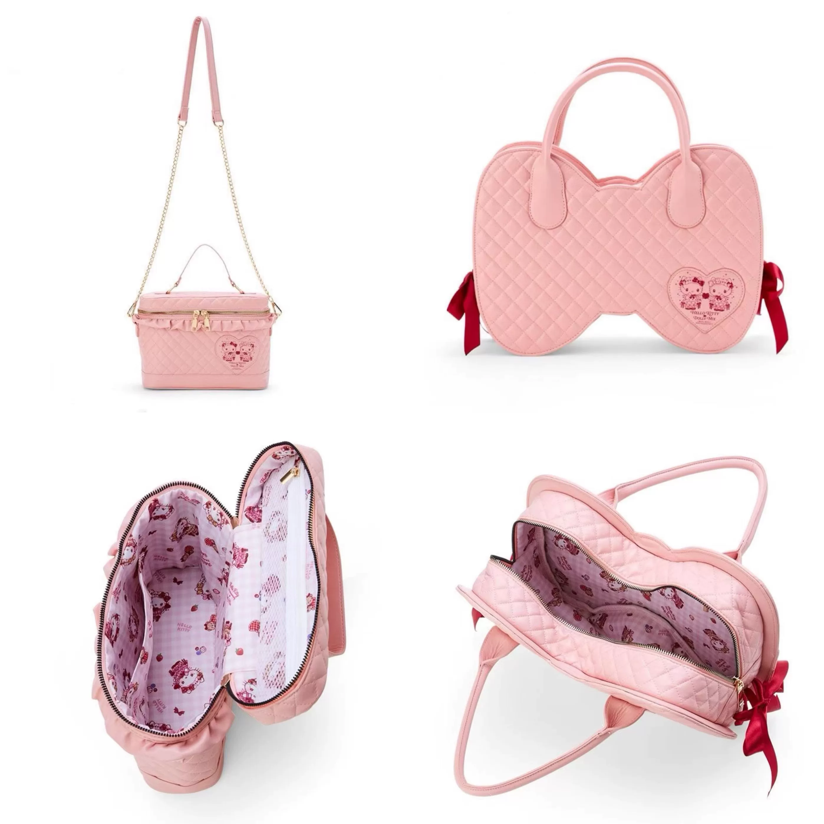 粉色蝴蝶结外出大容量手提包学生爱心菱格皮斜挎包KT百搭女生包