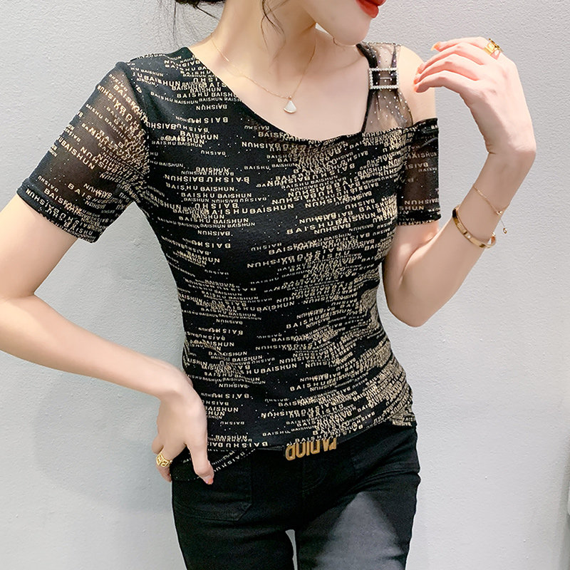 性感露肩短袖女装时尚字母印花t恤修身网纱上衣紧身洋气小衫夏季