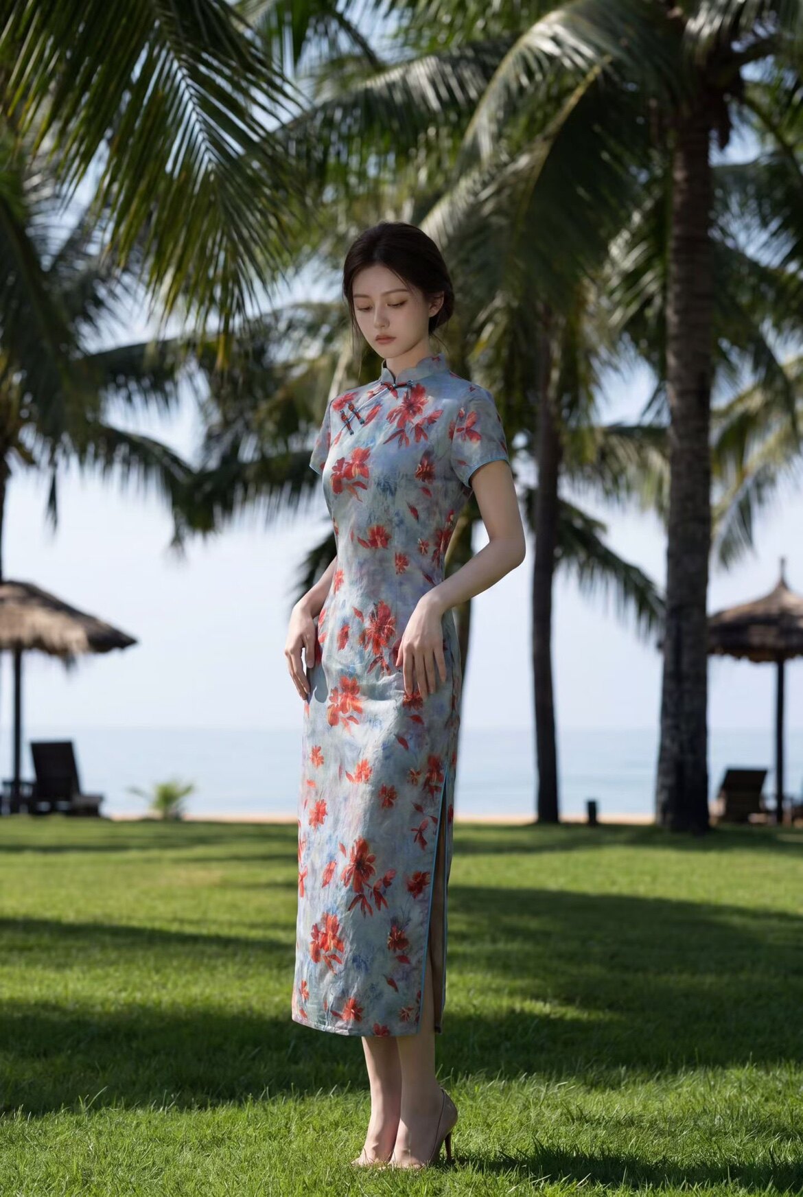 大花朵孔雀蓝浮光锦印花遮肉长款旗袍女2026夏新款少女短袖年轻款